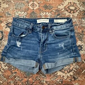Bullhead Women's Distressed Dark Blue Roll-Cuff Denim Shorts Size 24